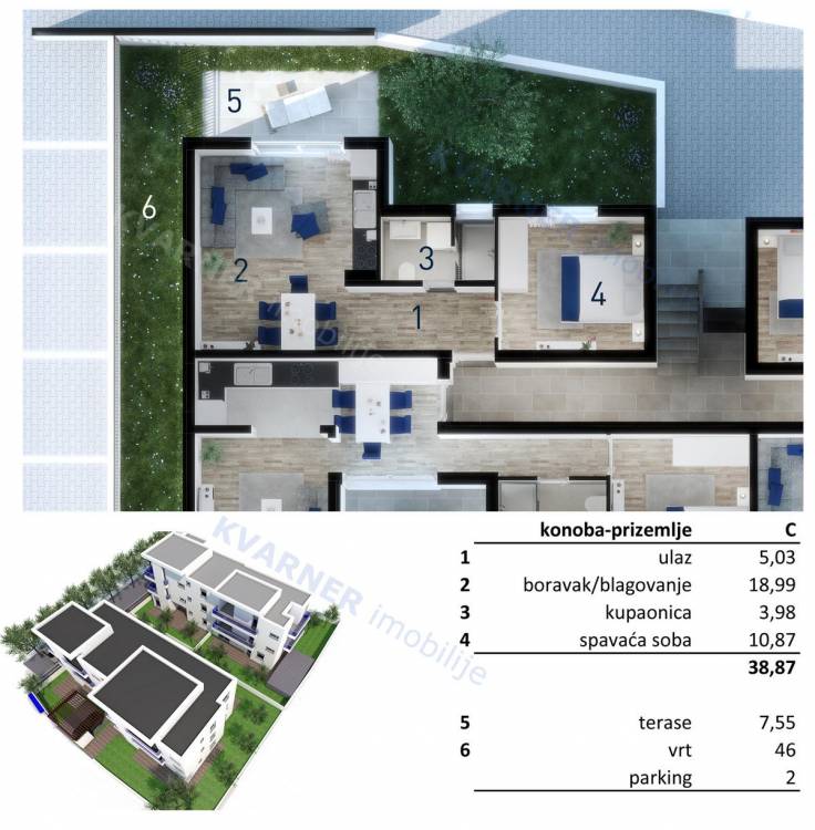 KRK - Wohnung 2.kat und Erdgeschoss mit Garten, 133m2 | Kvarner imobilije